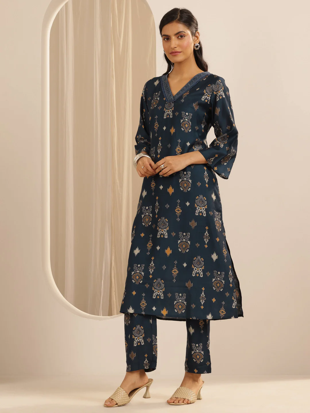Navy Blue Printed Silk Blend Co-ord set